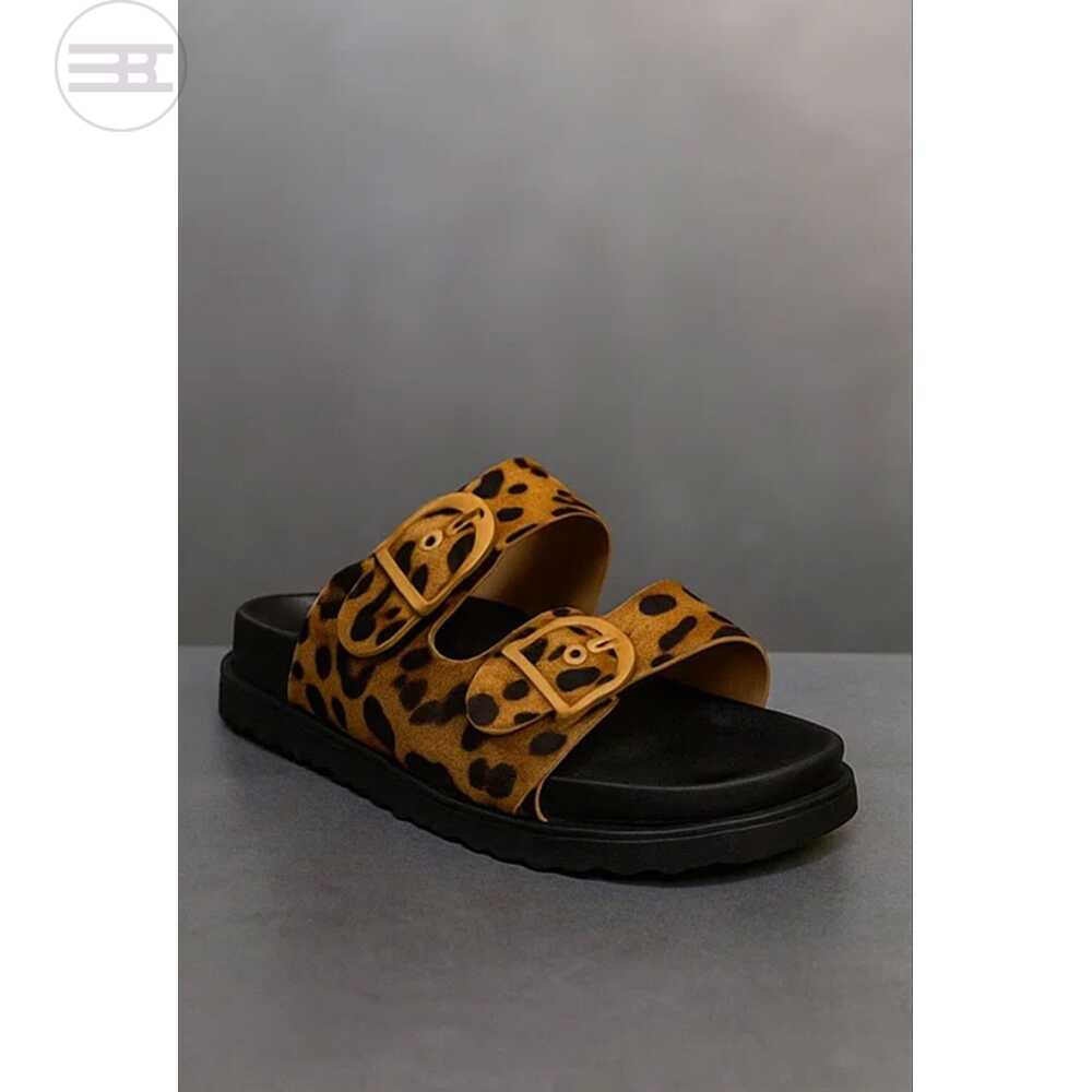 Leopard print slide with gold buckles