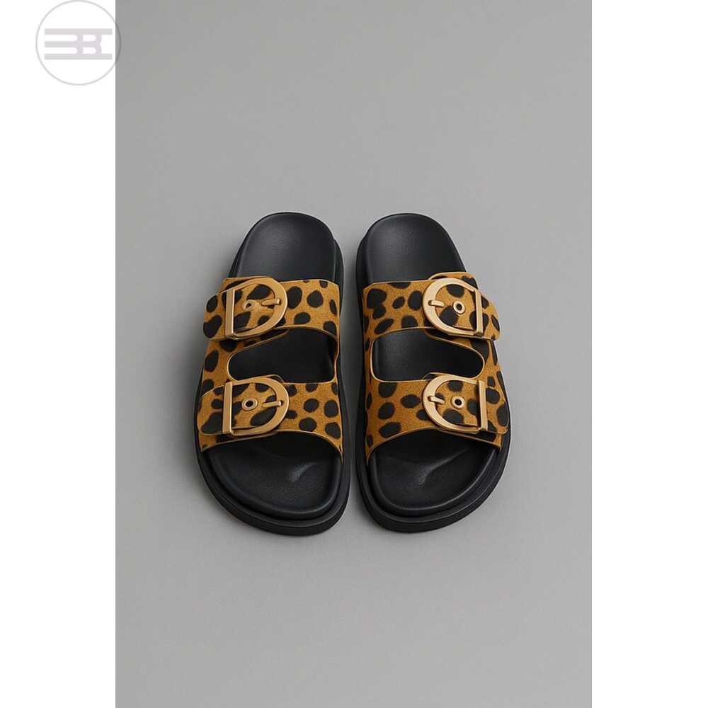 Leopard print slide with gold buckles