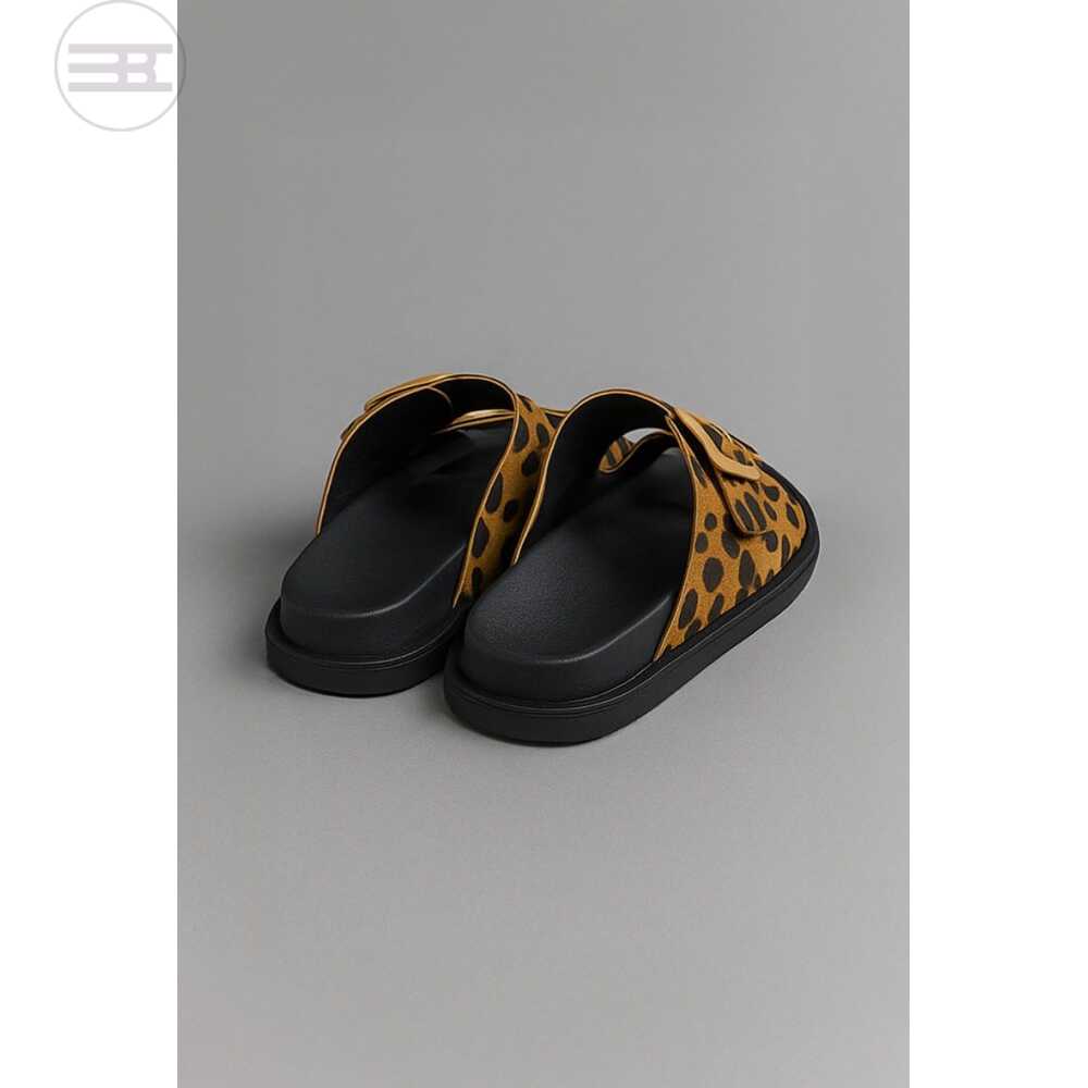 Leopard print slide with gold buckles
