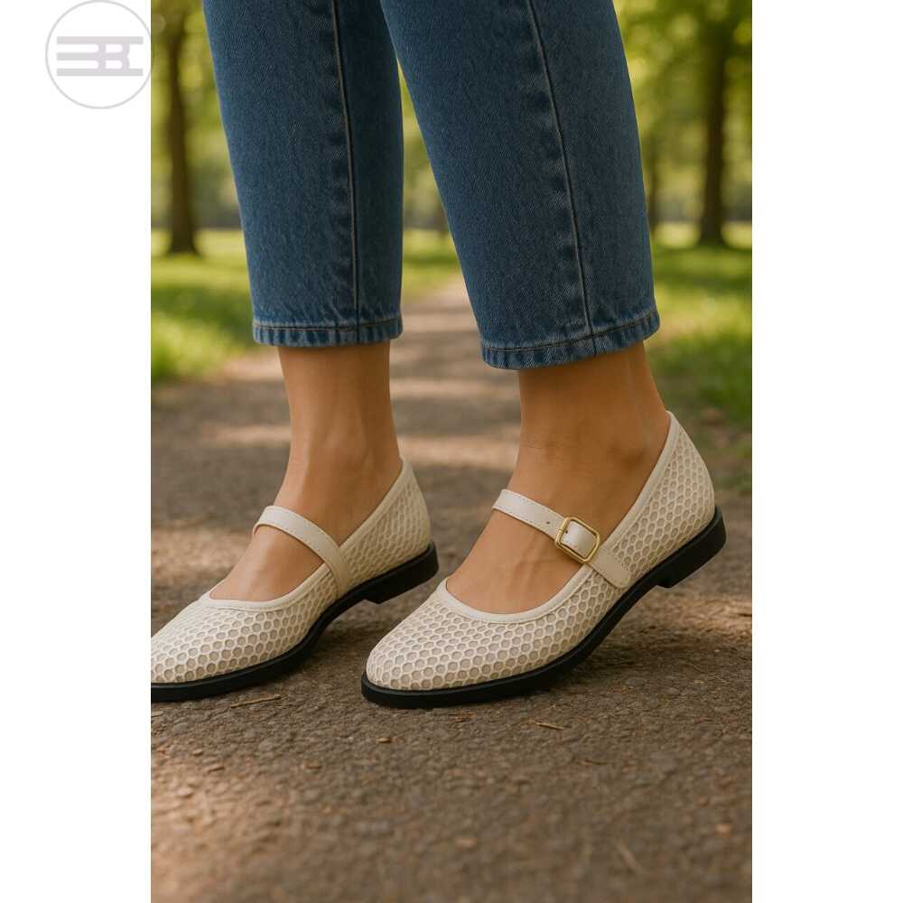 Mesh Mary Jane Flat - White