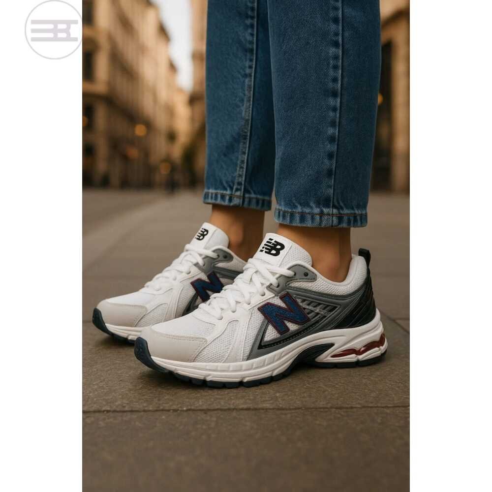 New Balance White Sneakers with Navy and Red Accents